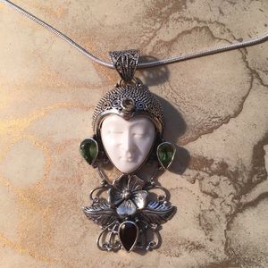 Carved Bone Pendant w/ Peridot, Garnet, & Citrine